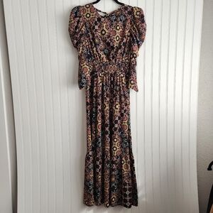 WAYF Black Abstract Print Modest Puff Sleeve Open Back Maxi Dress Small